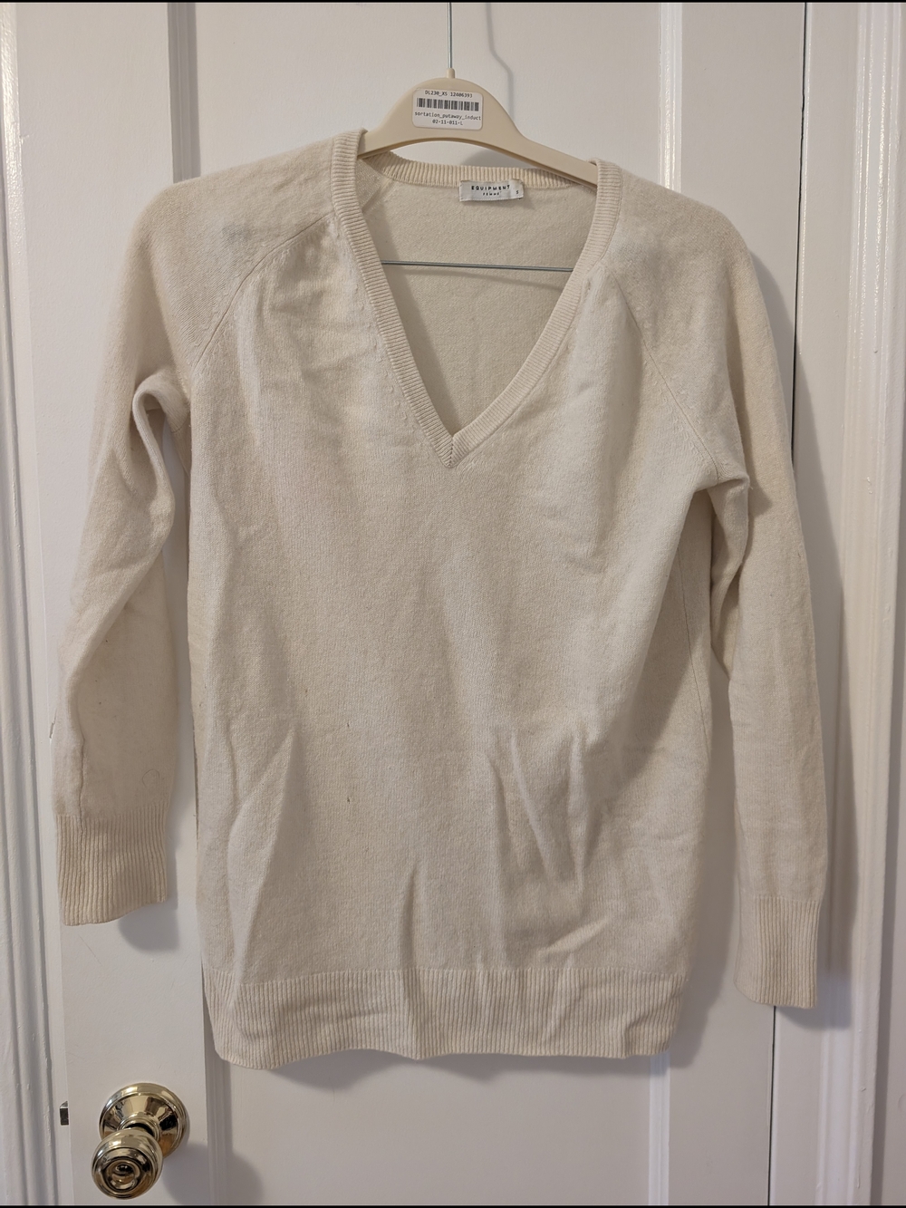 Equipment Femme Women's Cream V-Neck Pullover Sweater- FLAWS
